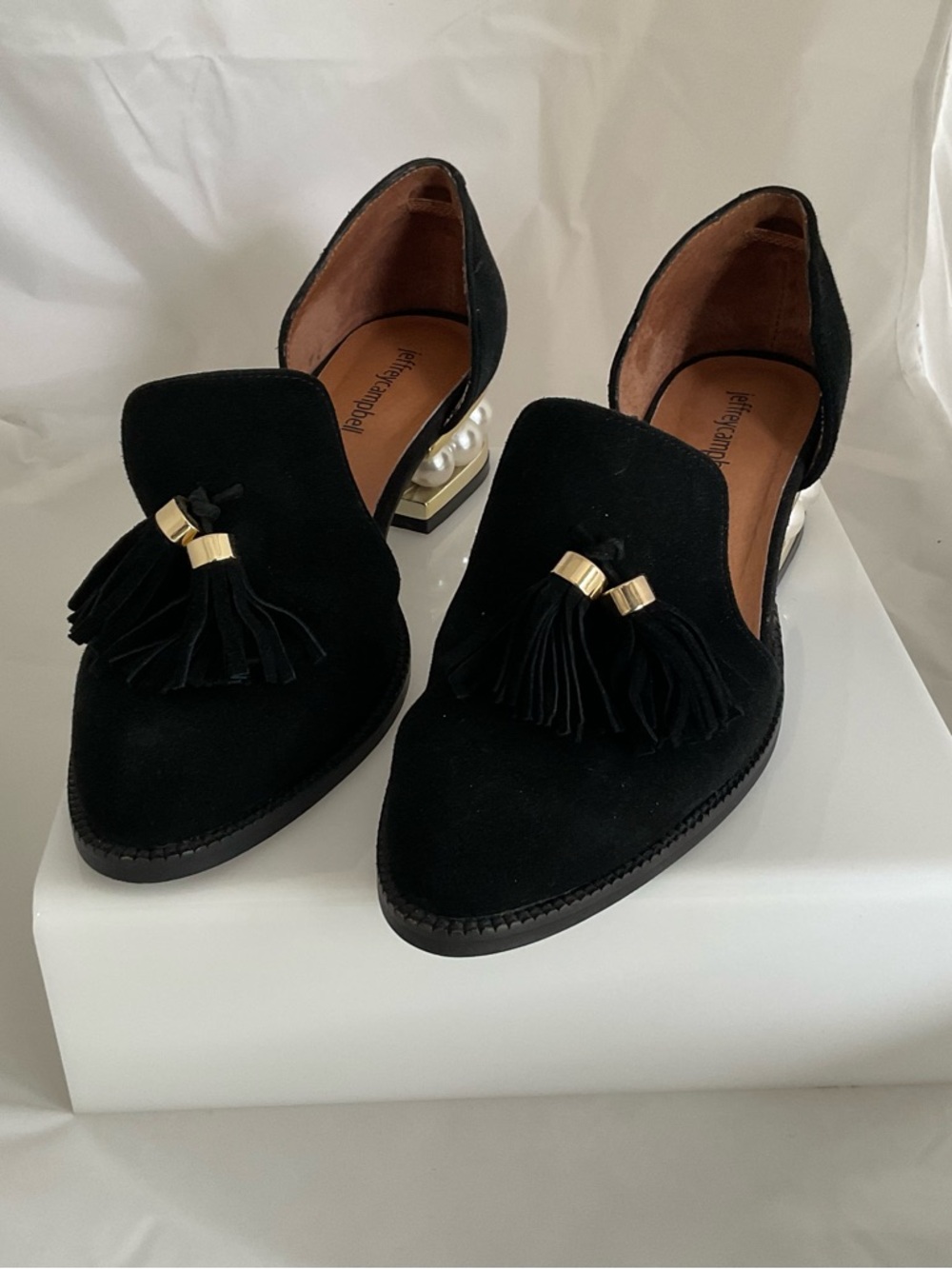 Jeffrey Campbell Black Suede Tassel Loafers with Pearl-Embellished Heel - Picture 6 of 6